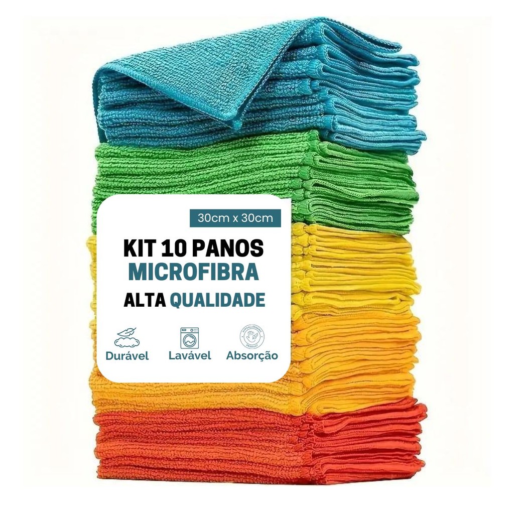 Kit 10 Toalhas Pano Microfibra Atoalhado 30x30cm Premium Alta Absorção Multiuso Toalha Mágina Luxo