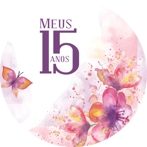NOVO Painel Festa Infantil Redondo Meus 15 Anos, Borboleta, Floral Degrade Aquarela + Arco, Suporte incluso. Fazemos personalizado com qualquer tema. Confeccionado em Lona fosca, impressão de alta resolução. cenário , p/ Decoração