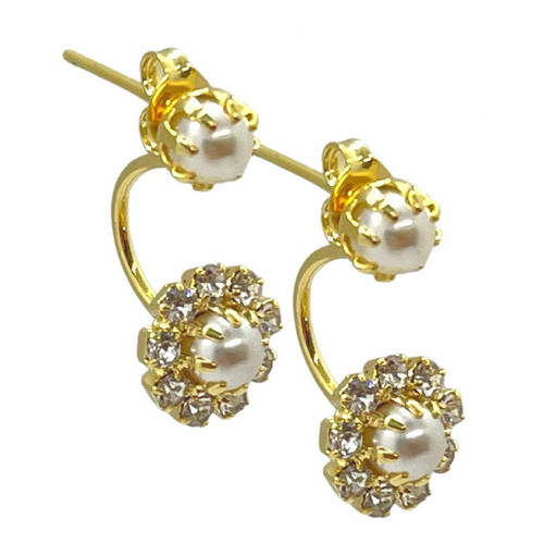 Brinco Folheado A Ouro Pérolas Grace Kelly Com Flor Cravejada - Semijoia