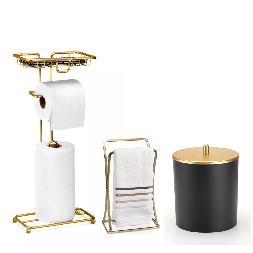 Kit Lavabo Lixeira + Porta Papel Higiênico Celular + Porta Toalha de Rosto Dourado Arthi - Home & Living
