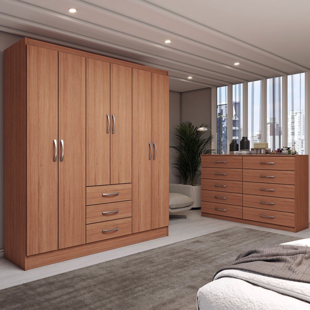 Guarda-Roupa Casal Sky 6 Portas 3 Gavetas com Cômoda 10 Gavetas Cinamomo - Panorama Móveis em Oferta na Shopee