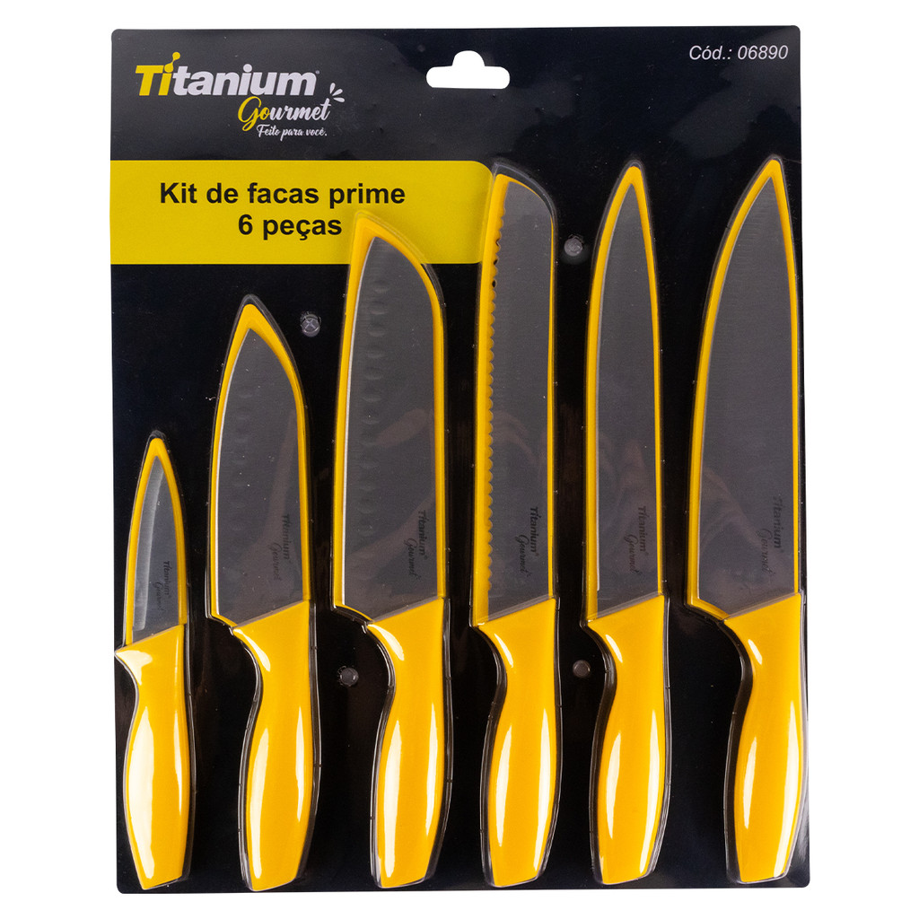 Kit Jogo de Facas de Cozinha Profissional Antiaderente 6 Peças Inox Prime Titanium Gourmet em Oferta na Shopee