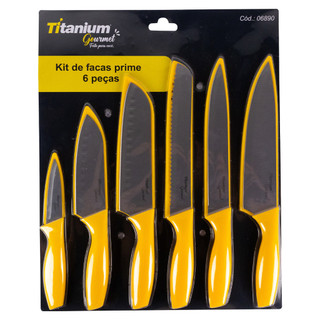 Kit Jogo de Facas de Cozinha Profissional Antiaderente 6 Peças Inox Prime Titanium Gourmet