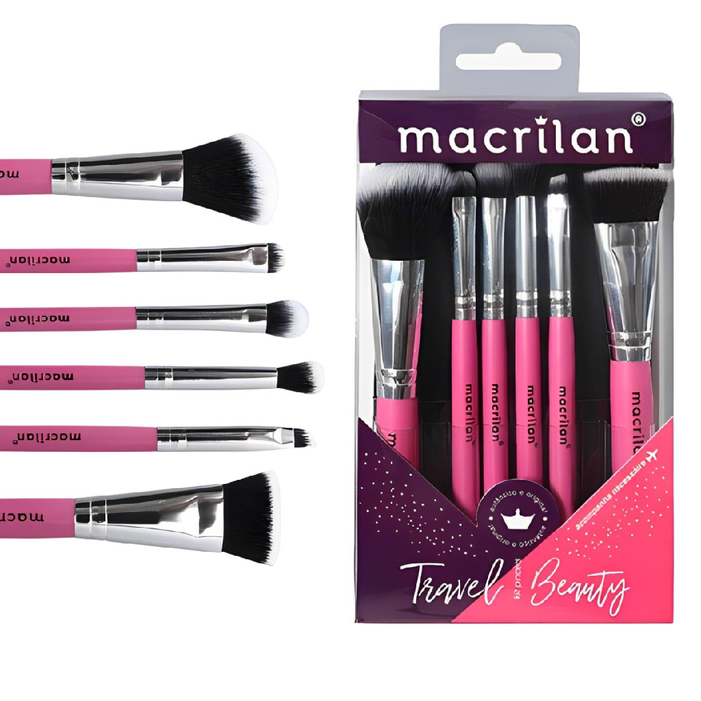 Kit 6 Pincéis De Maquiagem KP10-2 C/ Nécessaire Linha Travel Beauty Macrilan