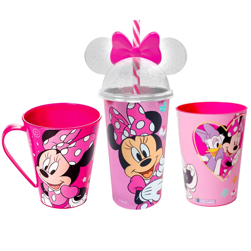 Copinho Caneca e Copo com Orelhas e Canudo da Minnie Rosa Kit Premium 3 Peças