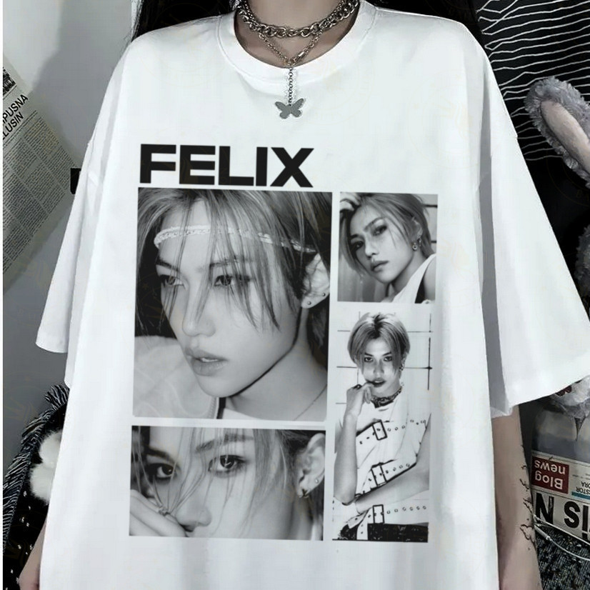 2026 Camiseta Algodão Stray Kids Kpop Streetwear Felix Masculina e Feminina Branca
