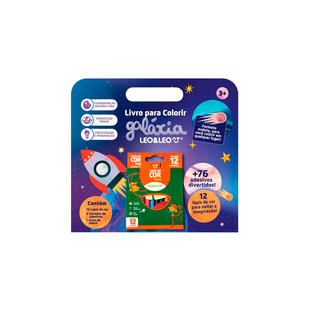 Livro para Colorir Infantil Tema Galáxia com Adesivos e Lápis de Cor – Kit Educativo e Criativo Leo&Leo