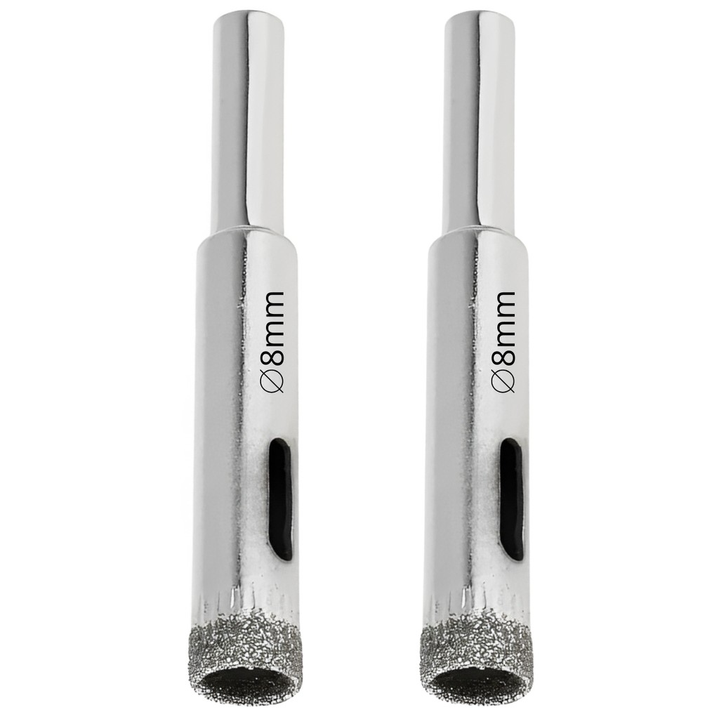 Kit 2 Serras Copo Diamantada Refrigerada 8mm Porcelanato Vidro Mármore Broca Copo Furo Guia Fixação Bucha N8 Casa