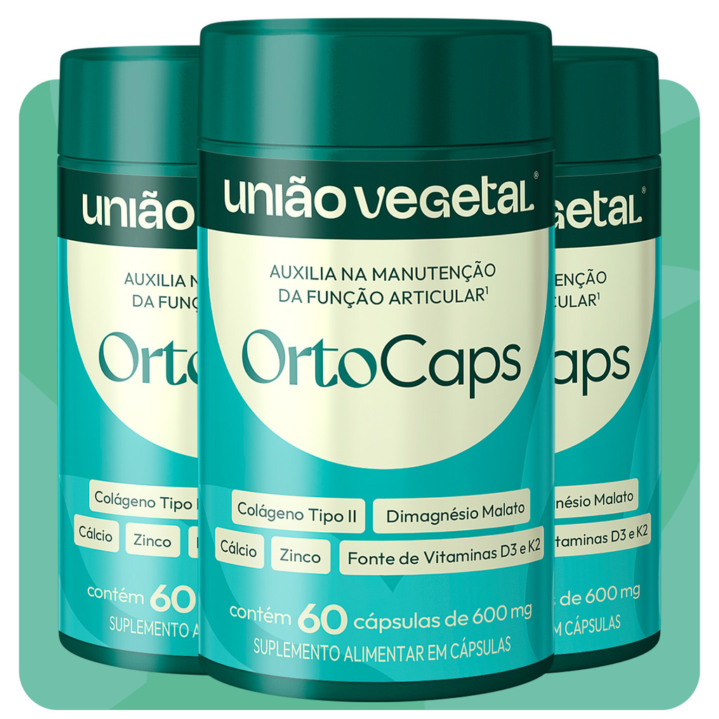 3 OrtoCaps 600mg - Colágeno Tipo II Magnésio Vitamina D3 Cálcio Zinco - 60 Cáps Ossos e Articulação