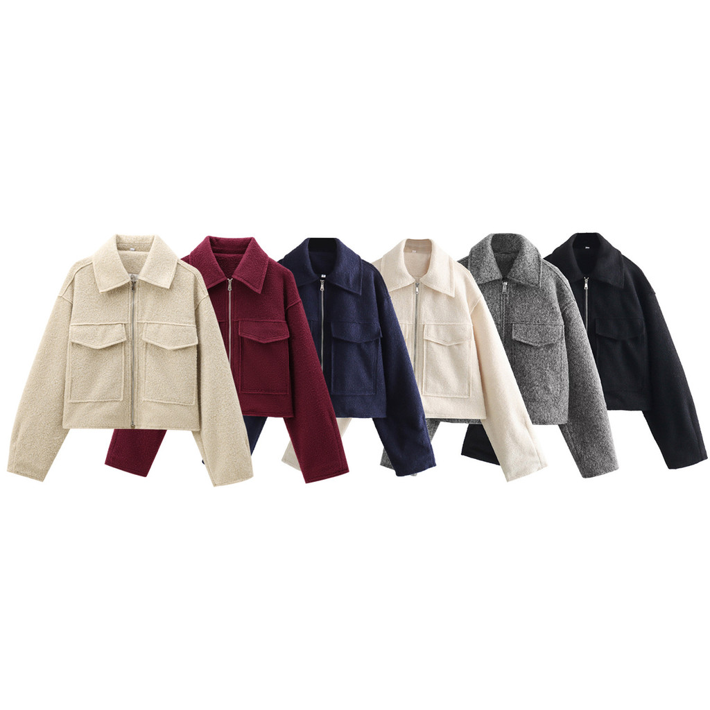 Seis casacos femininos de lã com zíper frontal e bolsos, dispostos lado a lado em cores variadas: bege, vinho, azul marinho, creme, cinza e preto.