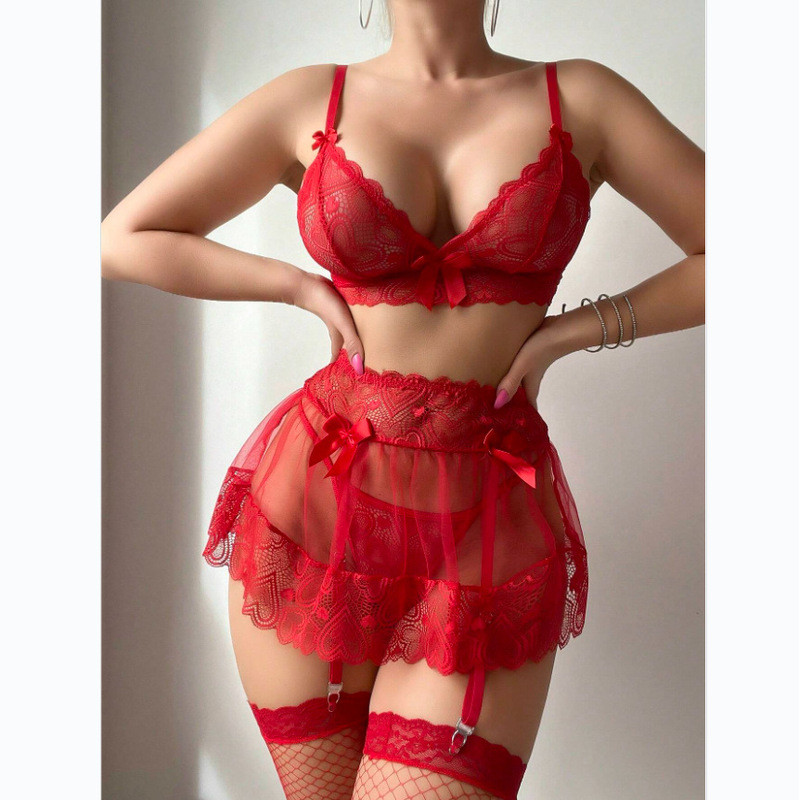 Lingerie sexy renda transparente estilingue malha saia conjunto de 3 peças sexy terno pijama