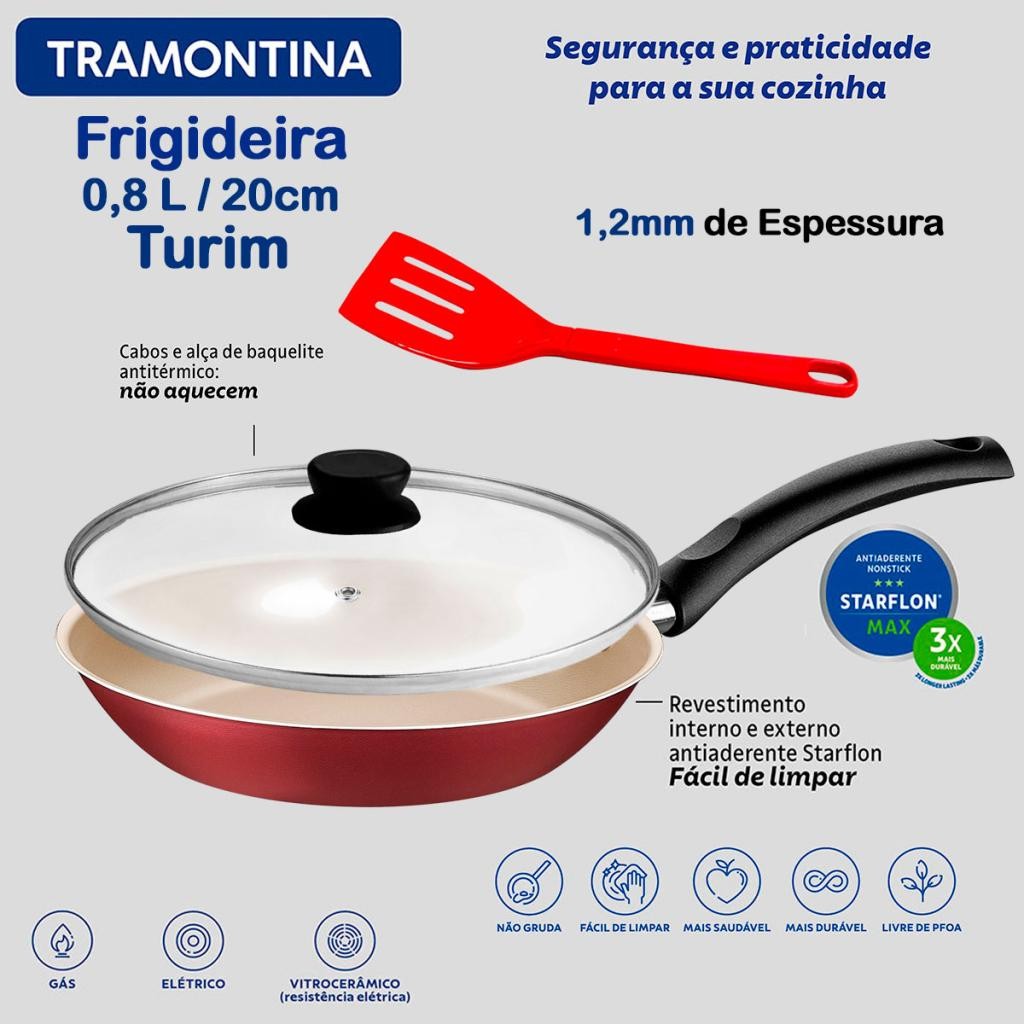 Frigideira com Tampa 20cm Tramontina Turim Antiaderente Vermelha com Espátula - Home & Living