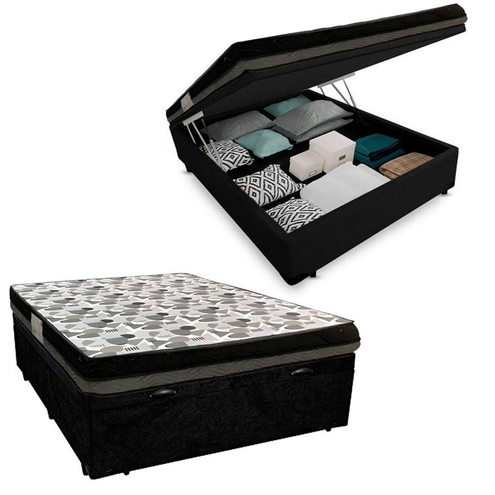 Cama Baú Casal Suede + Colchão Casal Ortobom Iso Dupla Face 60x138x188 Cor:preto