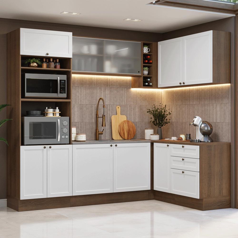 Armário de Cozinha Completa de Canto 399 cm Rustic/Branco Vik Madesa 01