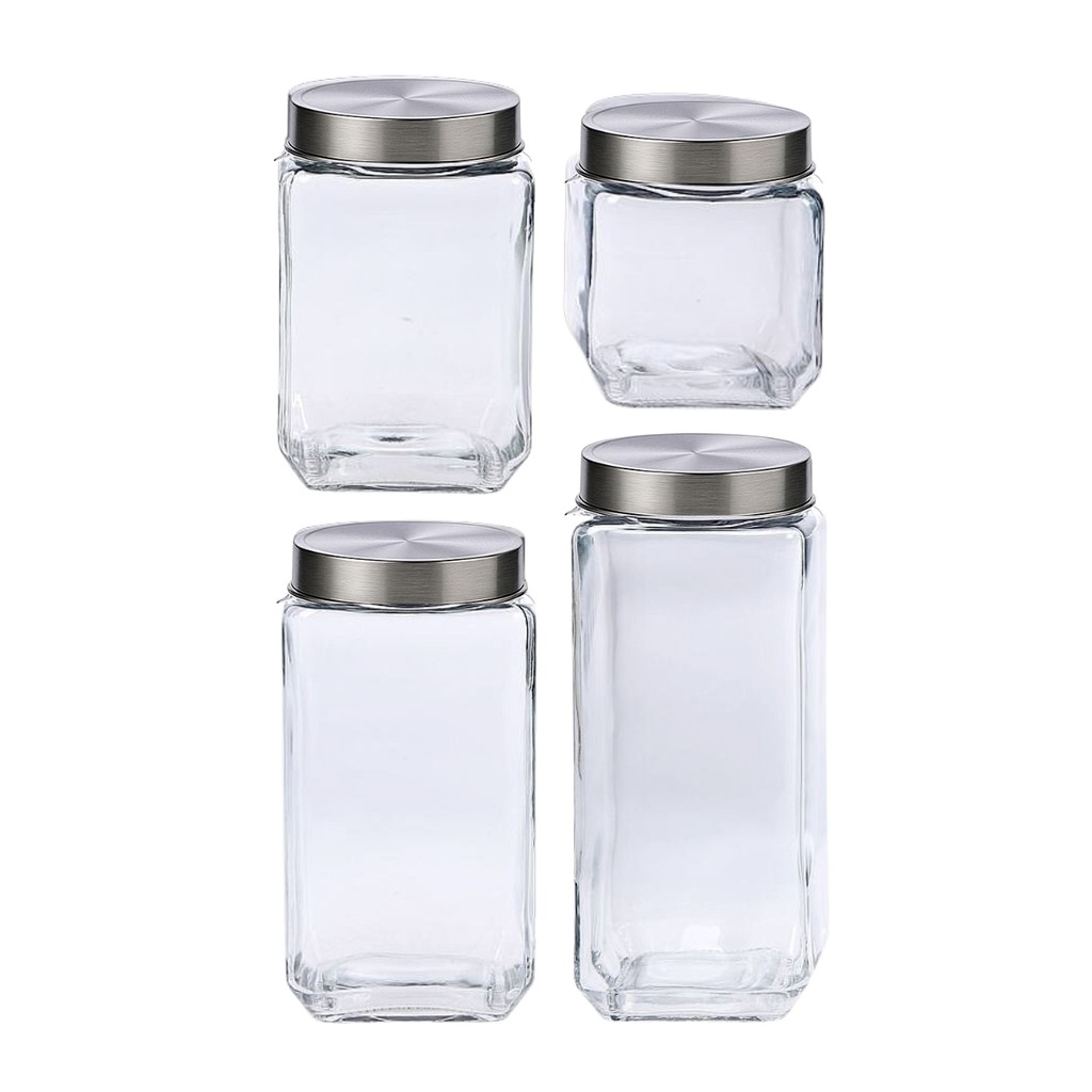 Kit 4 Pote Porta Mantimento Vidro Quadrado Tampa Metal Carisma P M G GG Cozinha Premium - Le Bianco