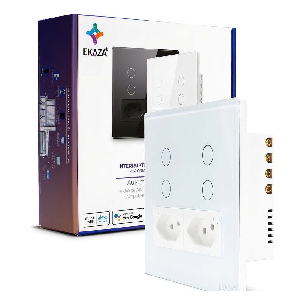 Interruptor WiFi Inteligente Ekaza 4 Teclas 2 Tomadas Compatível Alexa Google App Tuya Branco Bivolt