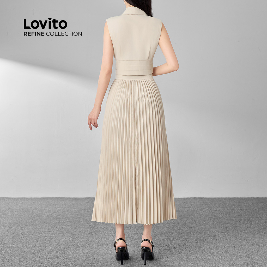 Detalhes do (Lovito Refine) Tops ou calças plissadas frontais elegantes com botões lisos para mulheres LR7ED008