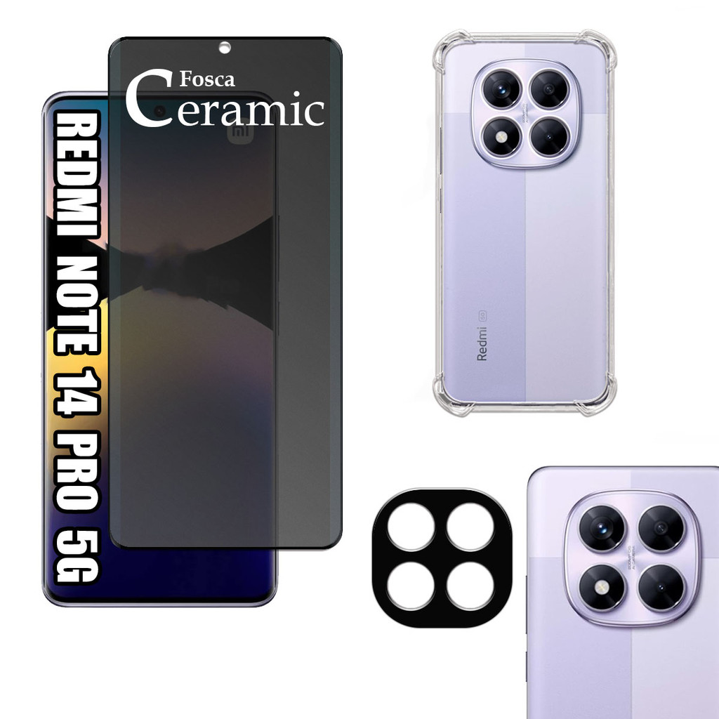 KIT Para Xiaomi Redmi Note 14 Pro 5G - Película de Privacidade Fosca 9D - Capa - Câmera