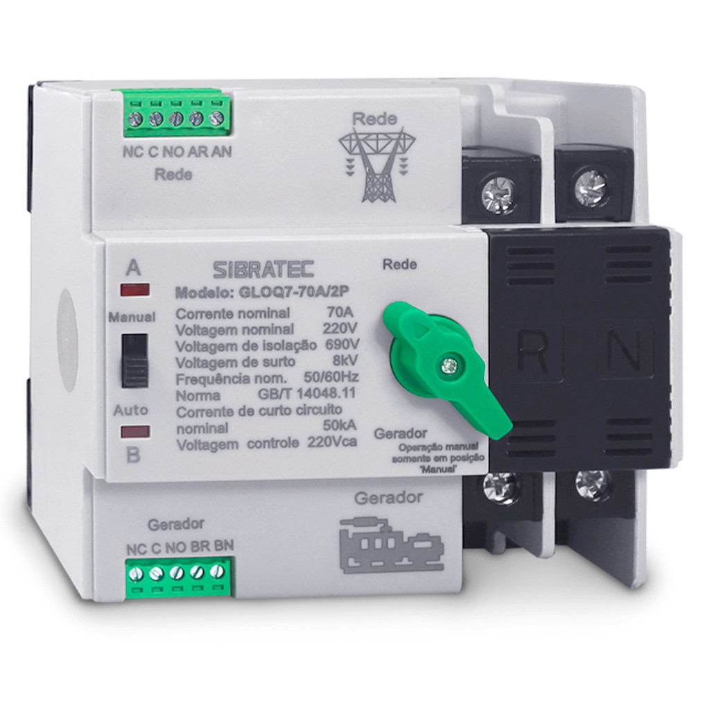Chave Transferência Automática 70A 2 Polos 220V Monofásica Rede Gerador - GLOQ7