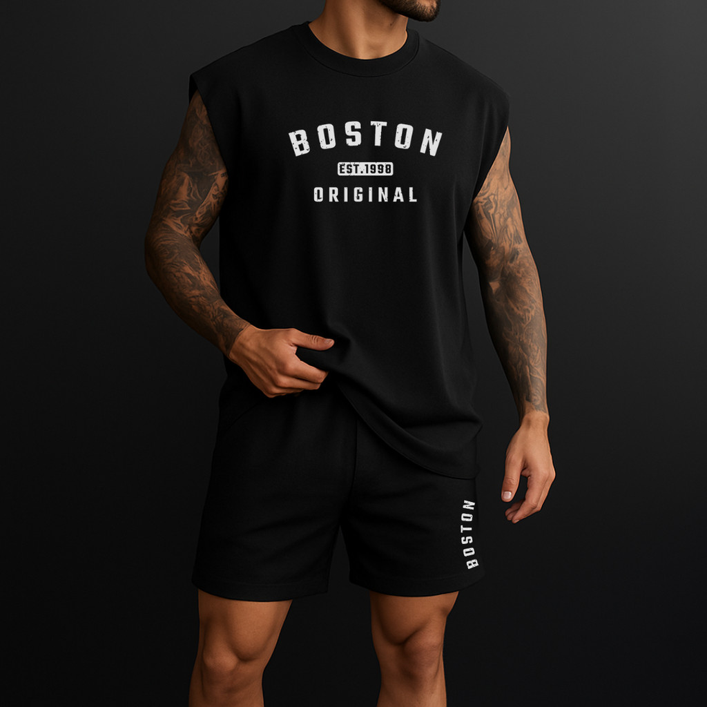conjunto regata oversized e short de tactel de academia másculino estampada boston original