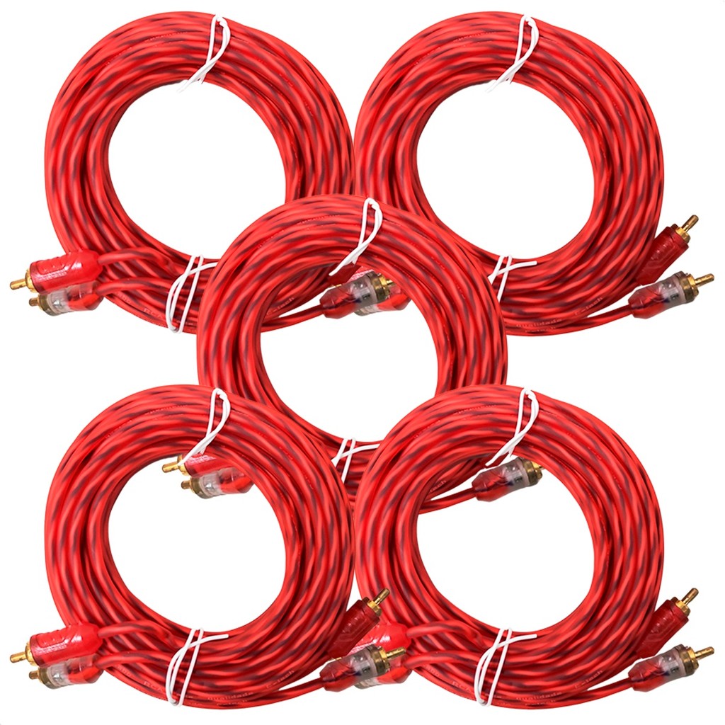 Kit 5 Cabo RCA Silicone Injetado Espiral 5 metros Automotivo