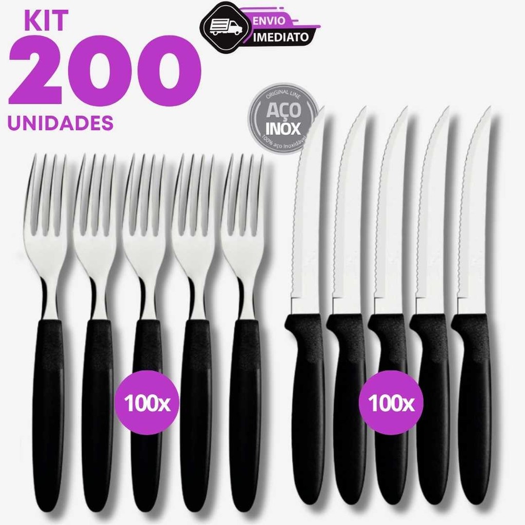 Kit 200 Talheres Inox Cabo Preto 100 Garfos 100 Facas Refeição Restaurante Buffet Marmita Cozinha