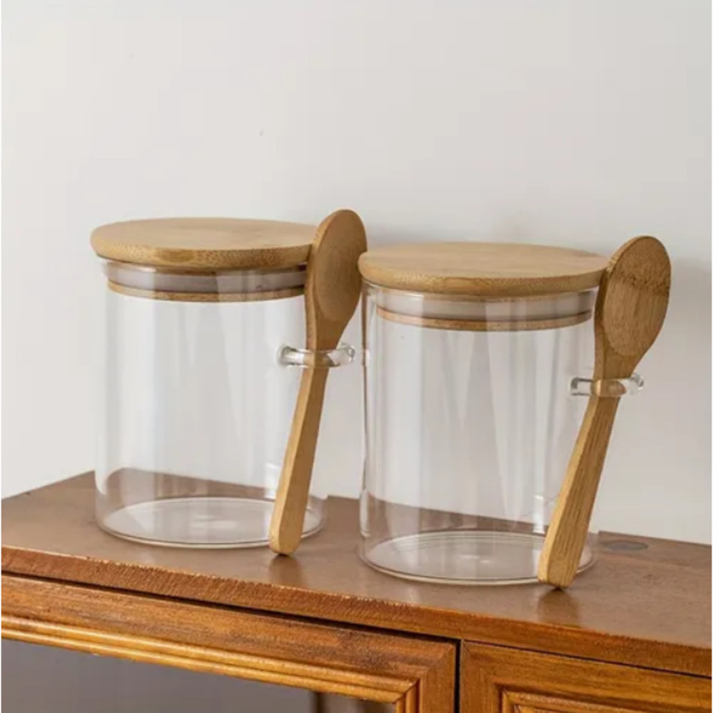 Kit 2 Pote De Vidro Hermético Redondo Com Colher Tampa Bambu em Oferta na Shopee