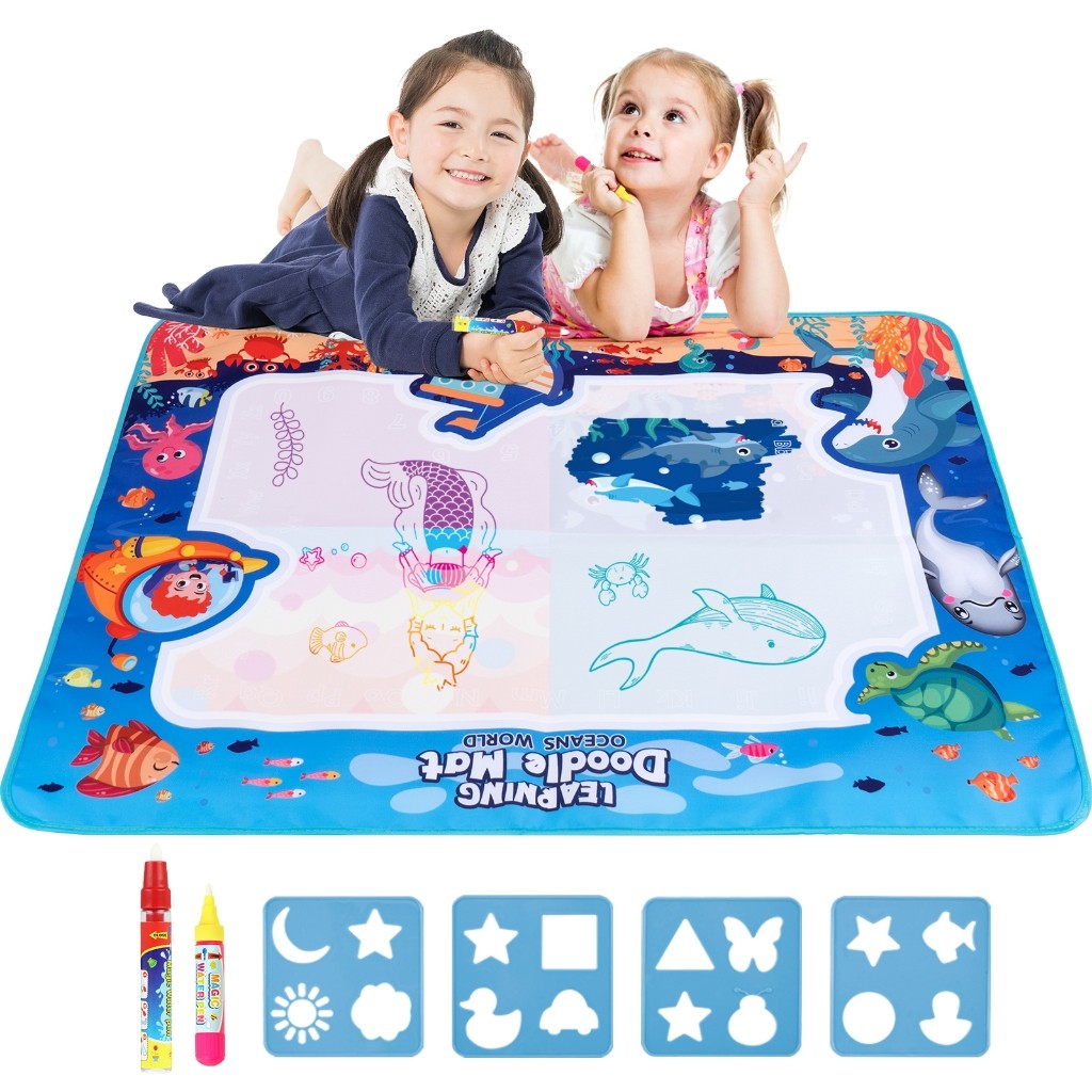 Tapete Mágico Água 100x80cm | 2 Canetas + 4 Moldes | Brinquedo Educativo Sem Sujeira