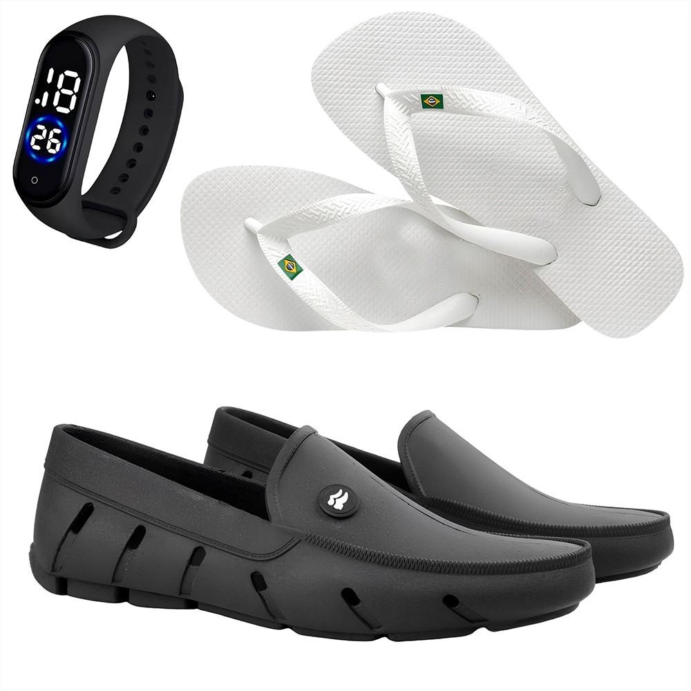 Mocassim Masculino Sapatilha Para Pesca + Sandalia Chinelo Havaiana + Relogio Digital