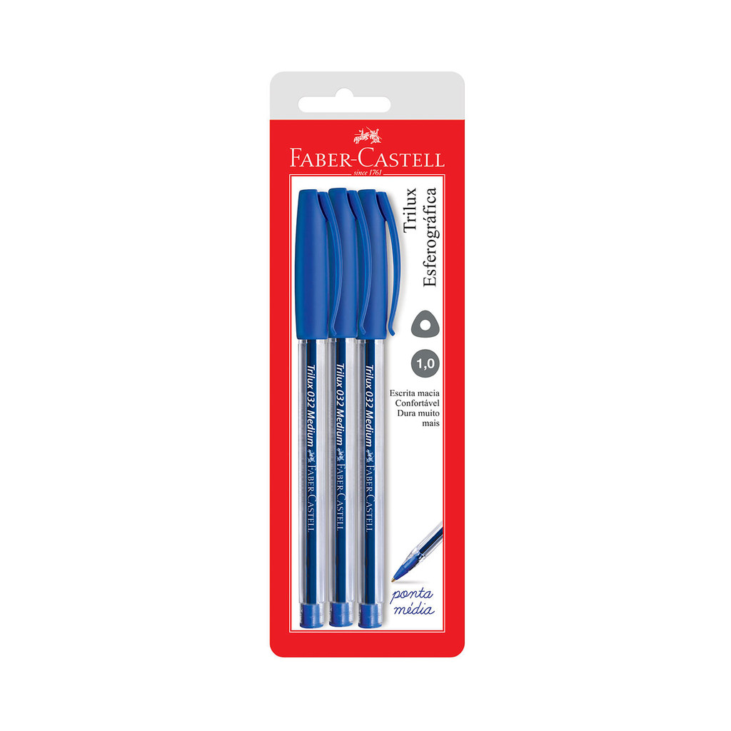 Caneta Esferográfica Faber-Castell Trilux 1.0mm Azul com 3 Unidades - Stationery