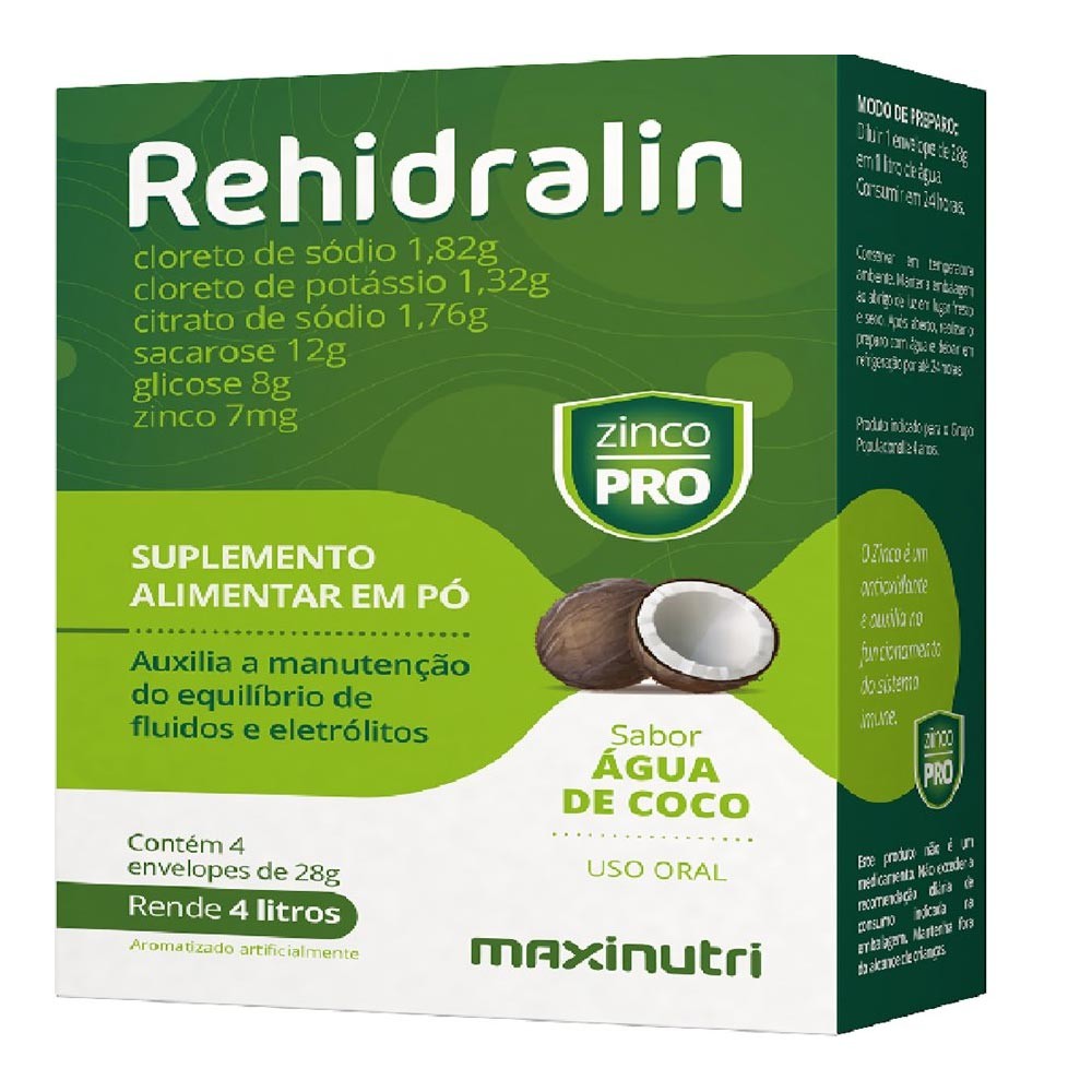 Rehidralin Suplemento Alimentar em Pó Sabor Água de Coco 4 Envelopes de 28g Cada - Health