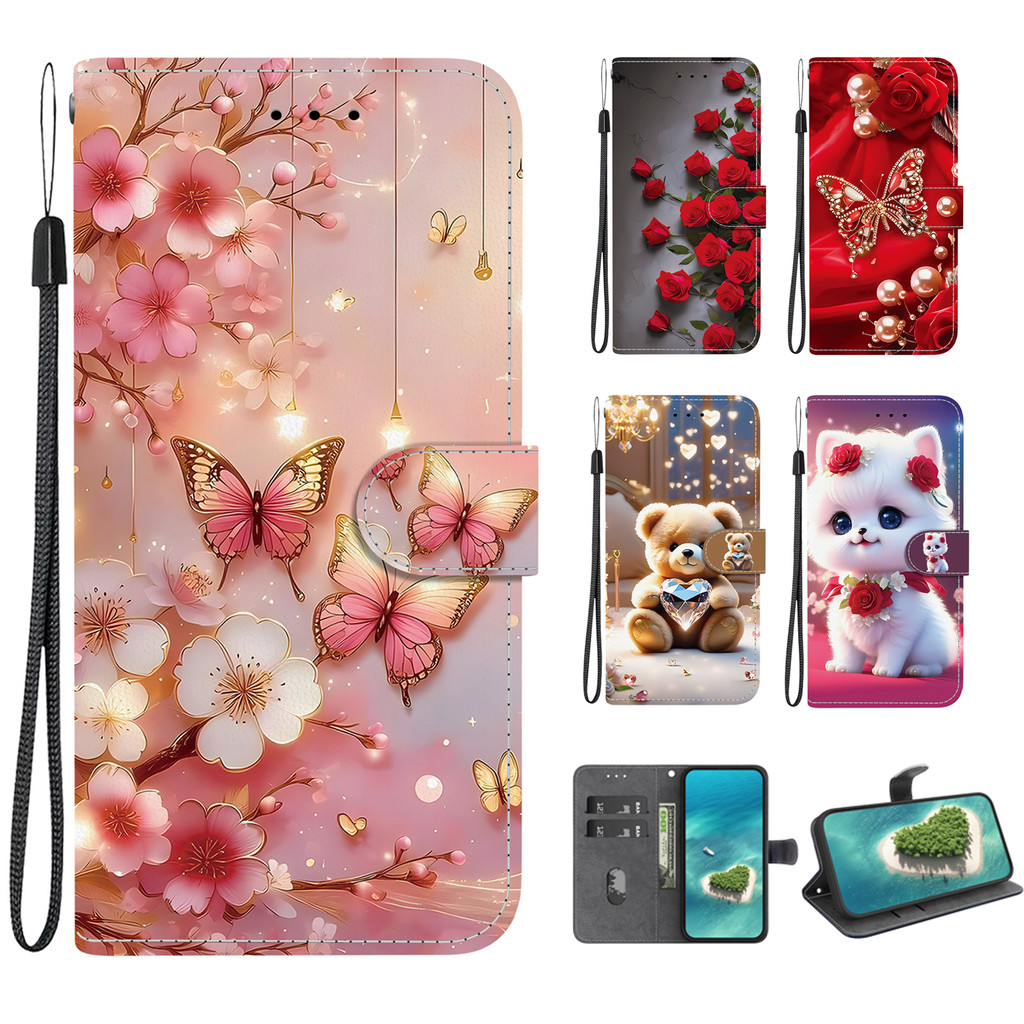Samsung Galaxy A51 A71 A50 A50S A30S A12 A11 A21S A31 A70 A10 A20 A30 Borboleta Rosa Flor Carteira Flip Couro Caso De Te