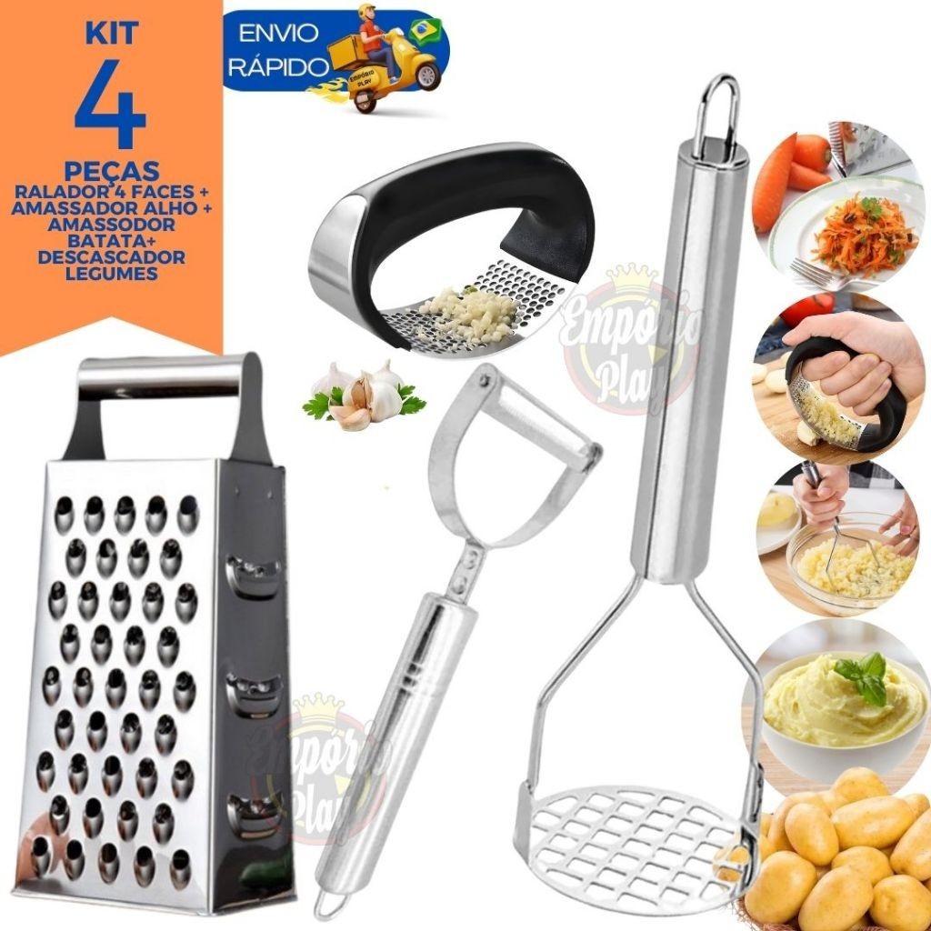 Kit 4 Peças Ralador 4 Faces 8" Inox Amassador de alho Amassador de Batata Descascador de Legumes