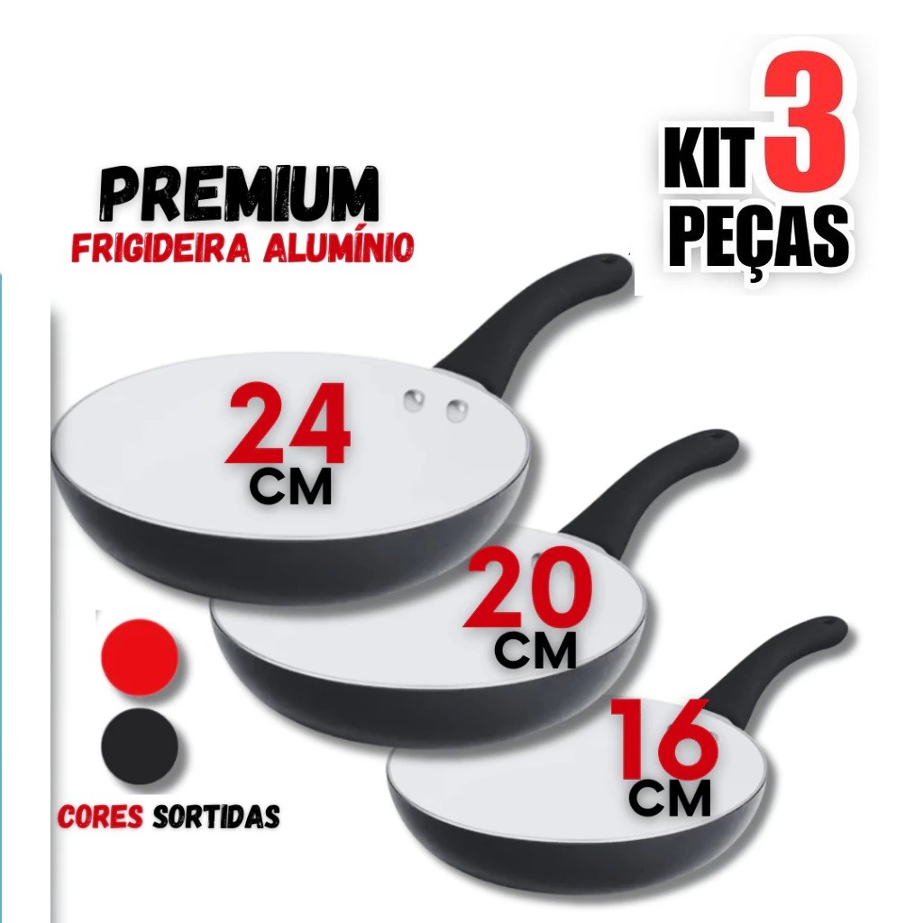 3 UNID Frigideiras Preta Multiuso Antiaderente Cerâmica 16CM 20CM 24CM C/ Cabo de Silicone Utilidade