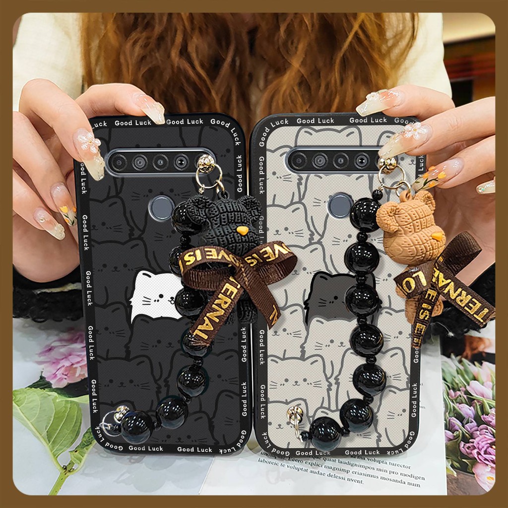 Pulseira De Urso Capa De Telefone Com Pingente De Pérola Preta Para LG K41S/K51S Protetora De silicone Resistente À Suje