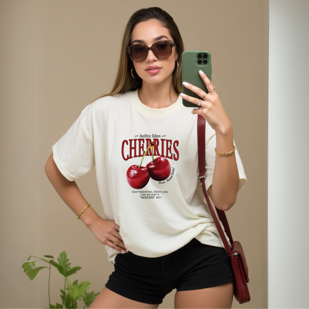 Camiseta Blusa Feminina Casual Estampada "Cherries cereja"T-shirt Algodão Premium Moda Urbana 2026.