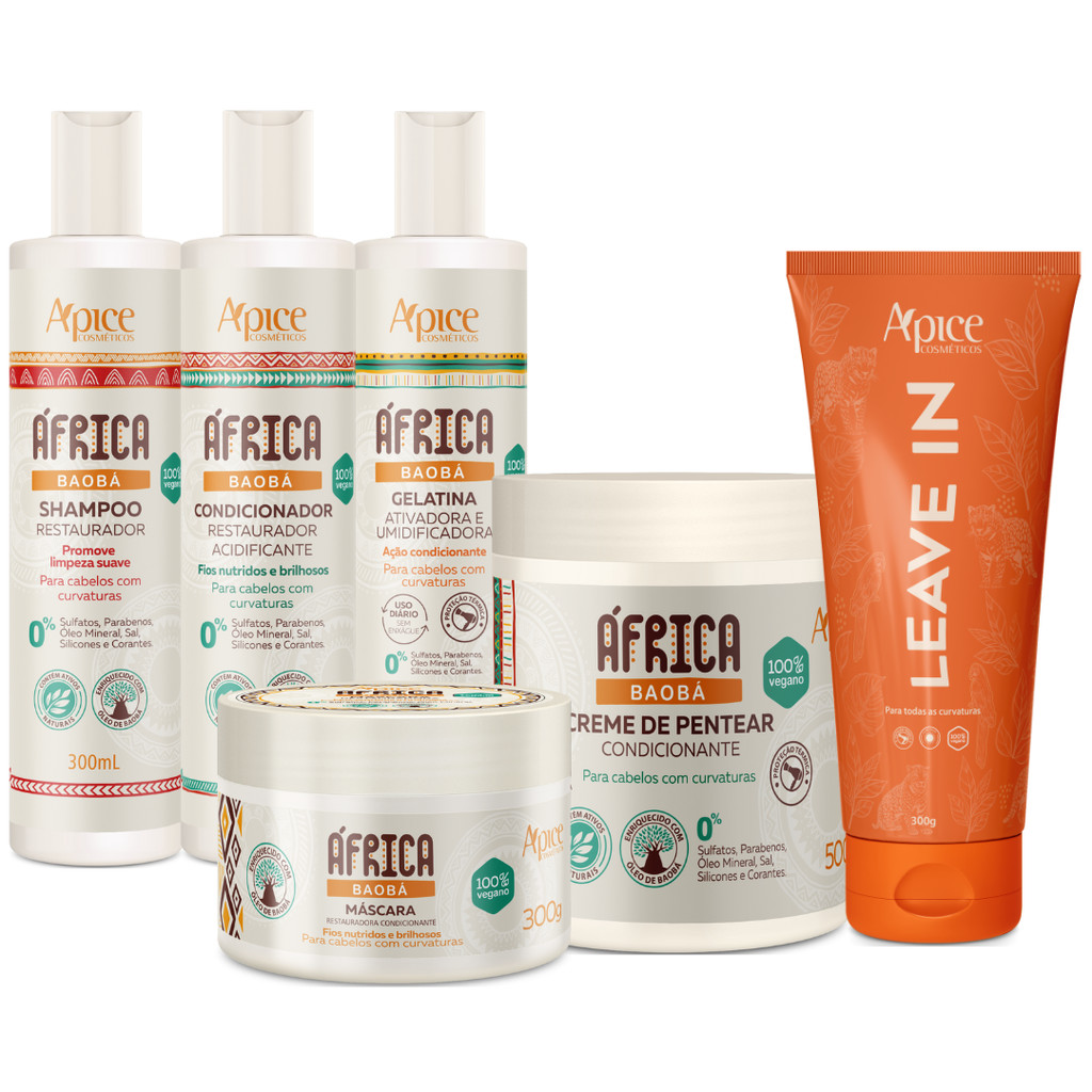 Kit Apice África Baobá 6 Itens Tratamento Capilar Linha Completa Cabelo + Leave In Condicionante