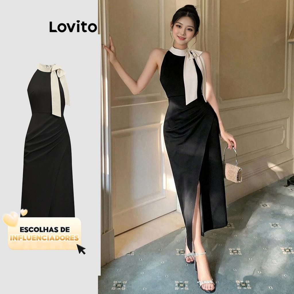 (KOL‘s pick) Lovito Vestido Elegante Vestido Colorblock Liso Para Mulheres L91AD171