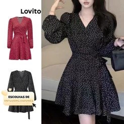 (KOL‘s pick) Lovito Casual Vestido De Bolinhas Com Manga Bufante Para Mulheres LNE27238 (Multicolorido)