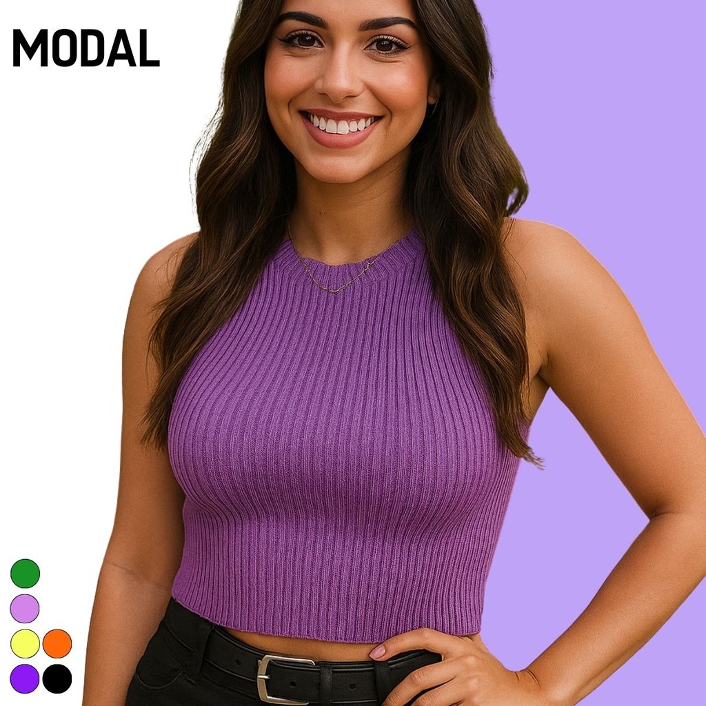 Cropped Feminino Canelado Básico Tricot Modal Verão Elegante Moderno