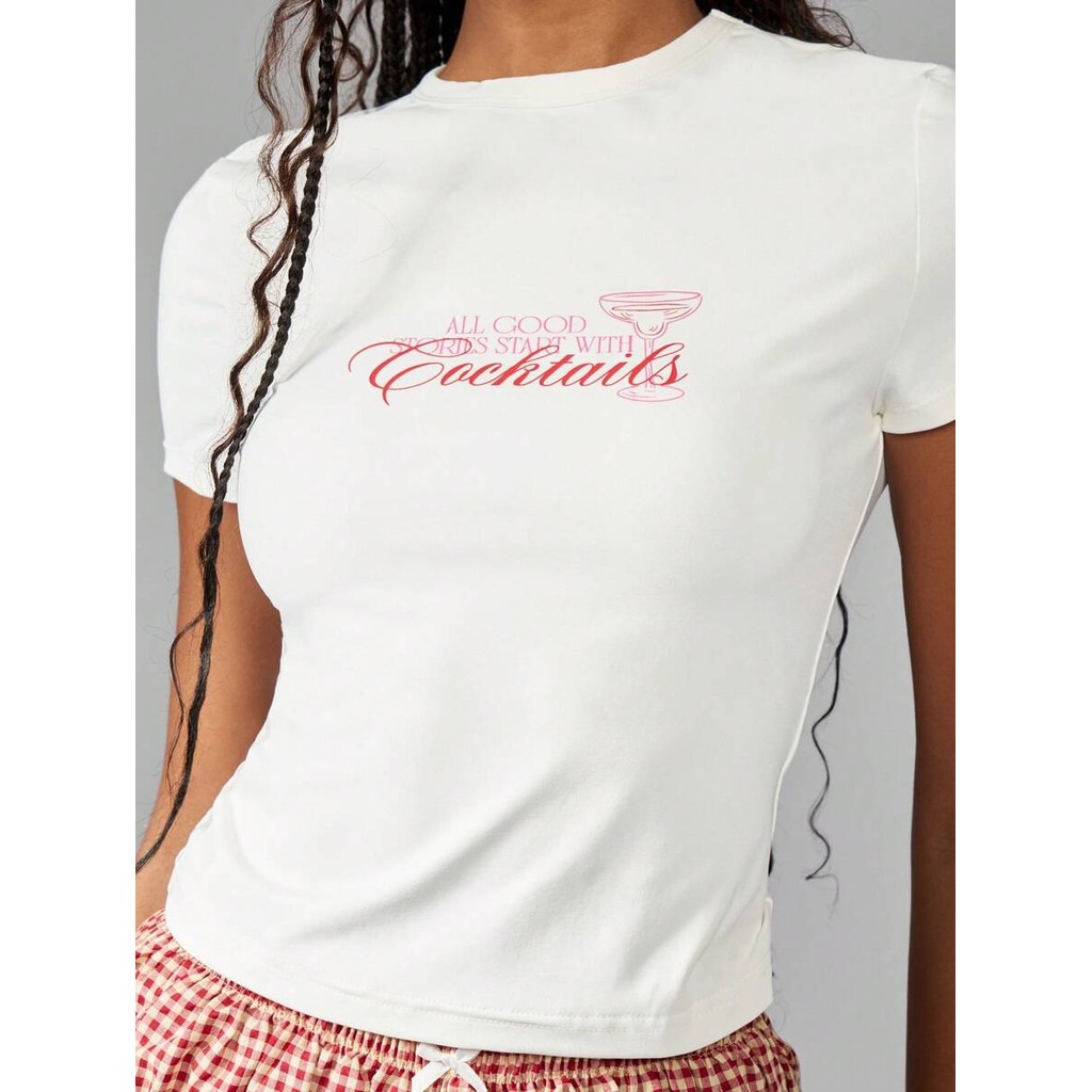 Bonito Camiseta Coquetel Festa Personalidade Manga Curta, Comida Retrô E Estampa Gráfica De Bebida Casual Slim Mini Top