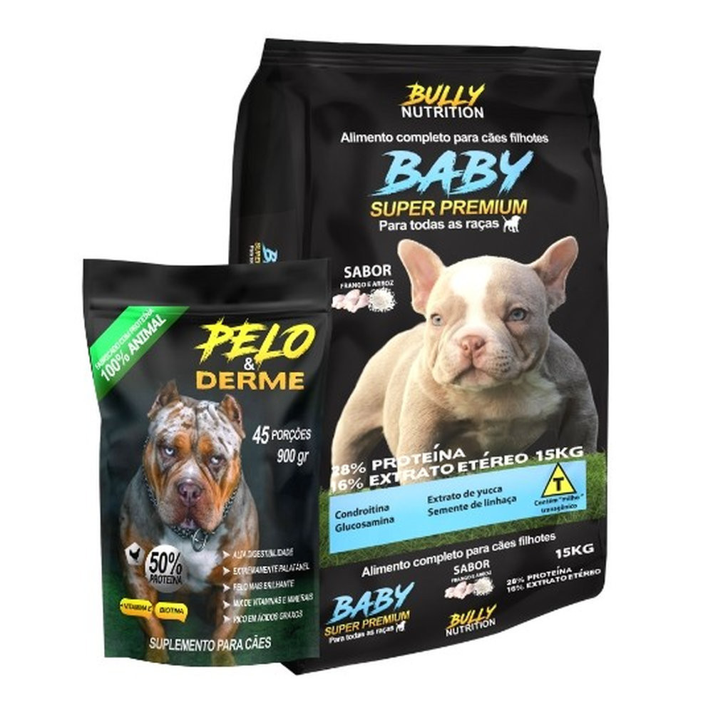 Ração Baby Super Premium 15kg + Suplemento Bully Pelo & Derme 900g + Moringa Dog 60g