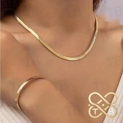 TB Moda Feminina Kit Conjunto Aço Inox Colar Laminado e Pulseira Folheados Banhada a Ouro 18k