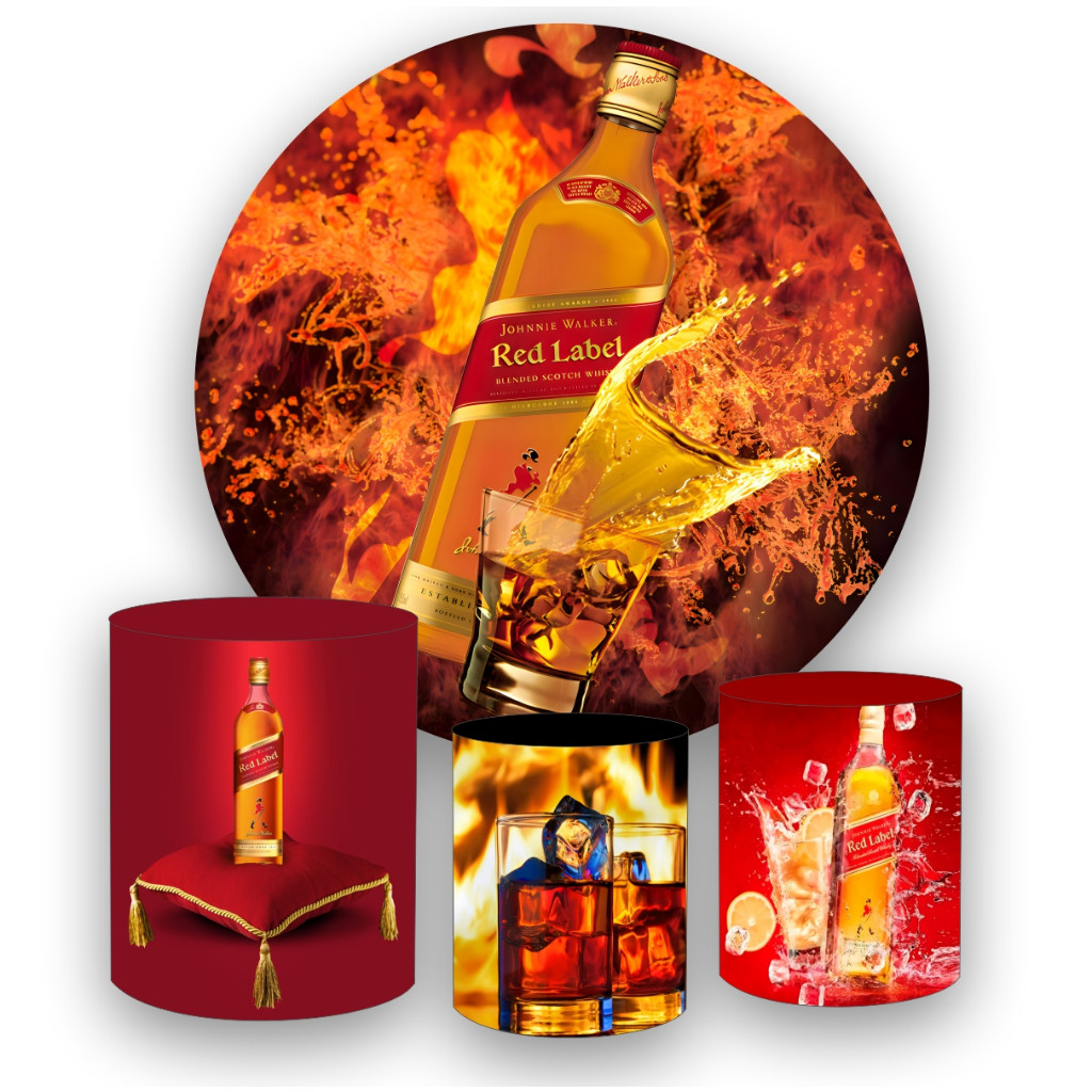 Kit Painel em Tecido Sublimado Redondo 1,5 + 3 Capas De Cilindros BEBIDA RED LABEL