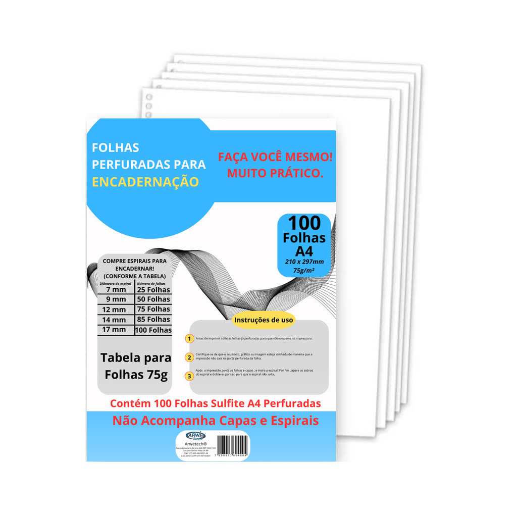 Folhas A4 75g Perfurada 75g | Folhas de Reposição para Encadernação Padrão Universal | Atacado 1000 Folhas | Brancas