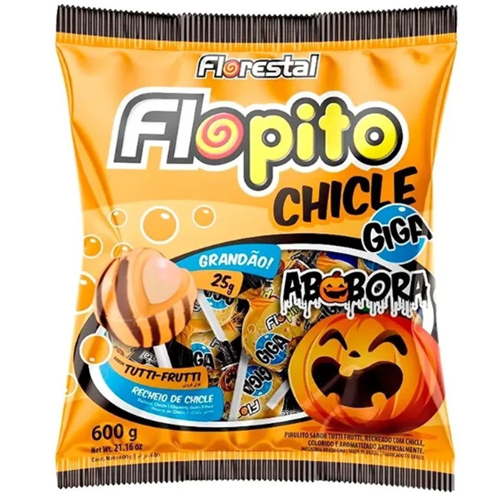 Pirulito Flopito Giga Abóbora Recheio Chiclete 600g - Florestal