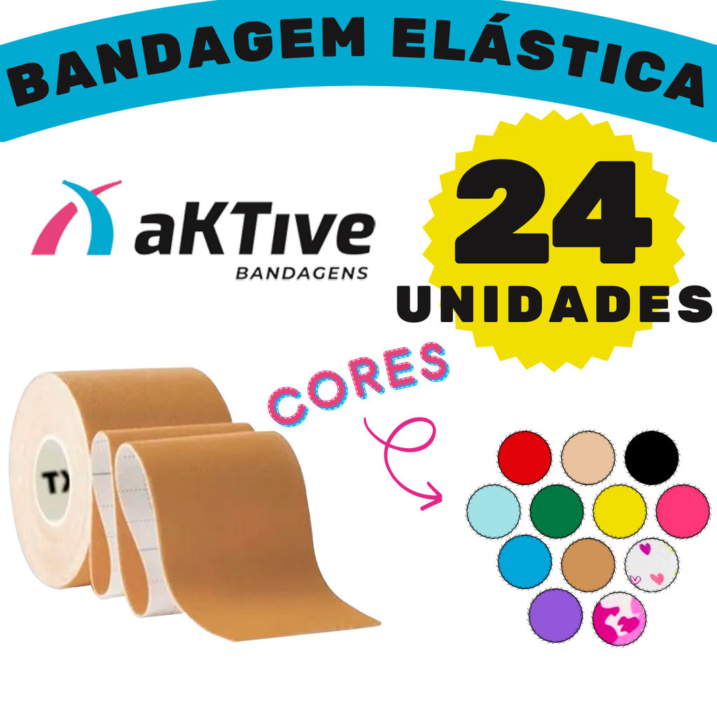 Kit com 24 Bandagem Elástica Adesiva aKTive Sport Tape Fita Taping 5cm x 5m Kinesiology