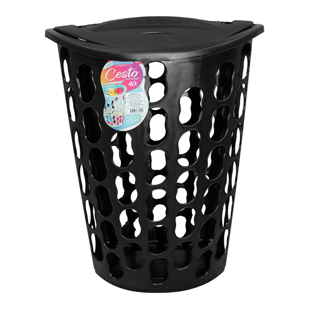 Cesto De Roupa Banheiro Lavanderia 40 Litros Multiuso Preto Com Tampa Preta