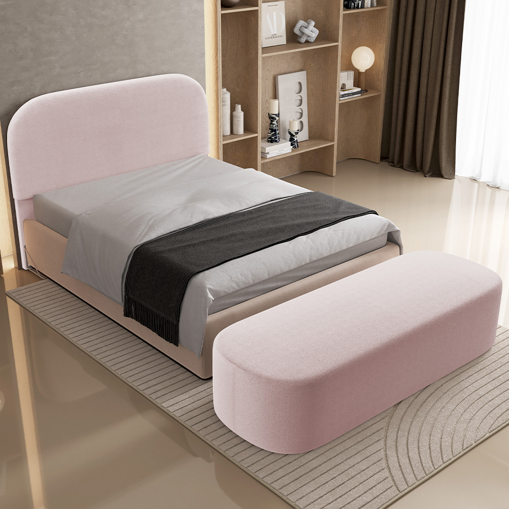 Cabeceira Cama Box Casal 160cm Lanna com Puff Recamier Doha W01 Bouclê Rosê - Lyam Decor