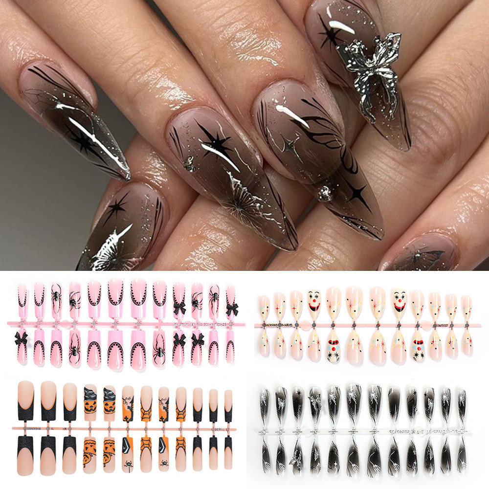 Prego Artificial De Halloween Cobertura Completa Amêndoa Longa/Prensa Quadrada Em Pontas Manicure Pumpkin Spider 24PCS